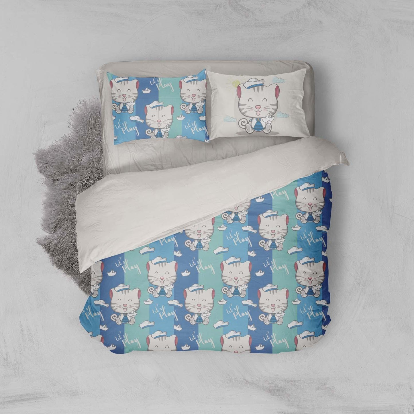 3D Blue Cat Kitty Stripes Quilt Cover Set Bedding Set Pillowcases 32