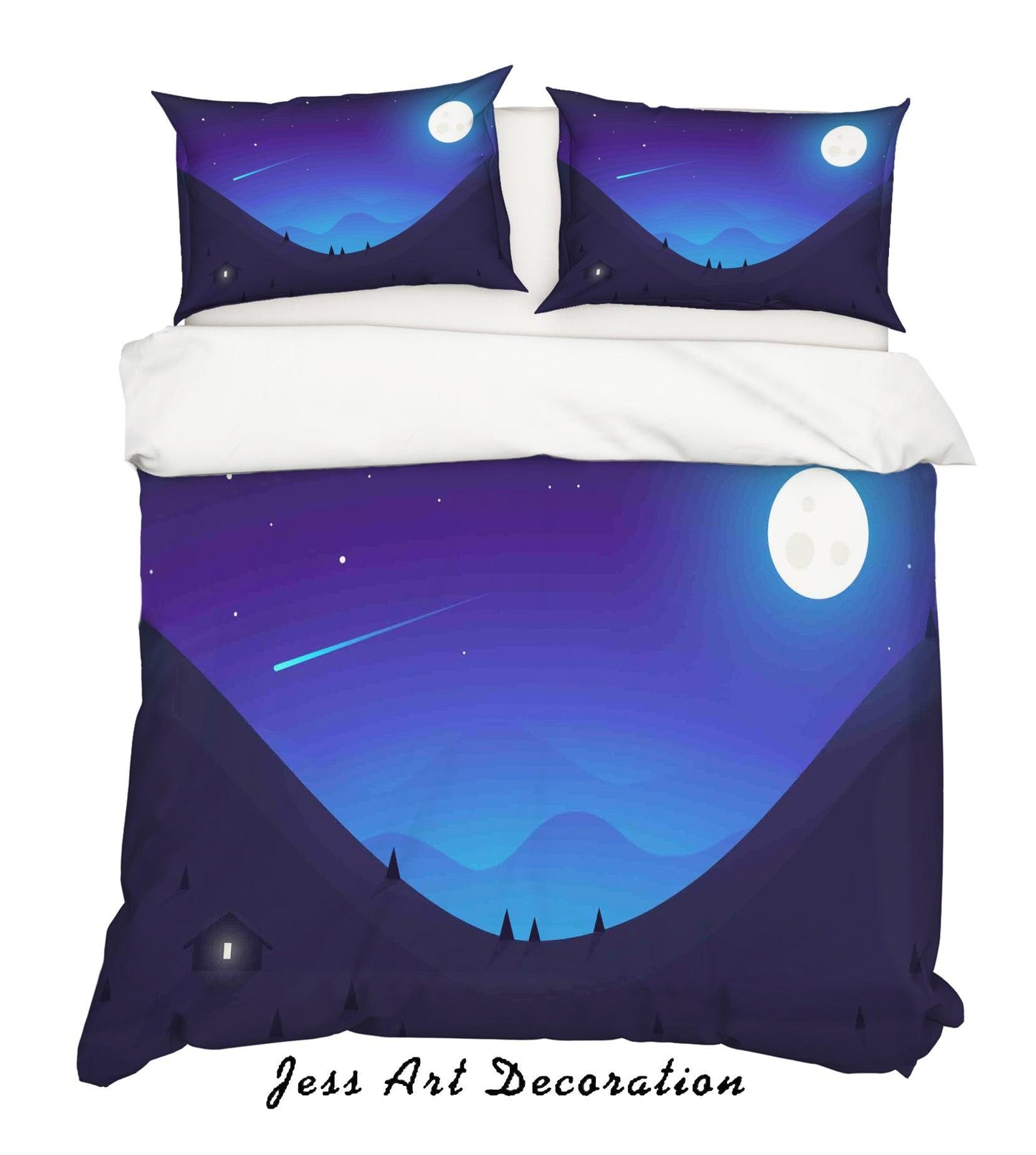3D Blue Moon Star Meteor Mountains Night Quilt Cover Set Bedding Set Pillowcases 02