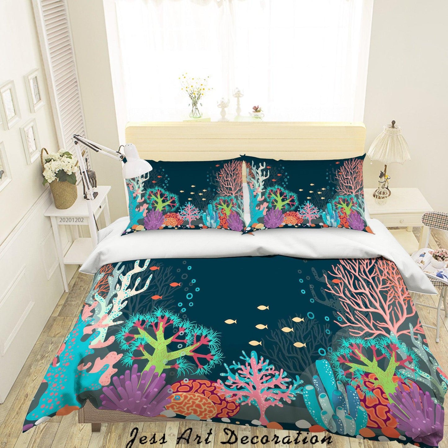 3D Cartoon Hand Drawn Ocean Colorful Coral Fish Quilt Cover Set Bedding Set Duvet Cover Pillowcases LXL