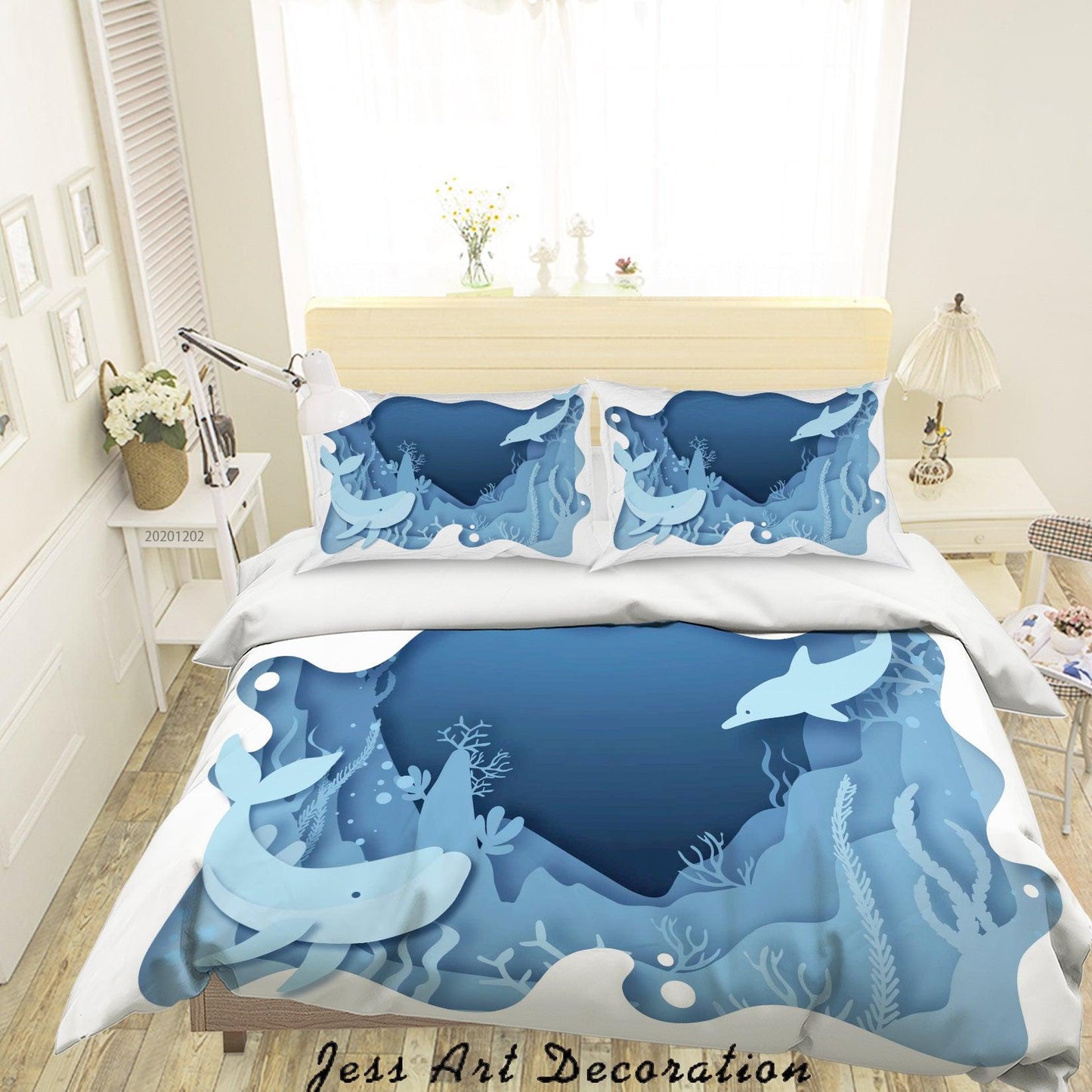 3D Cartoon Hand Drawn Blue Ocean Whale Fish Seaweed Quilt Cover Set Bedding Set Duvet Cover Pillowcases LXL