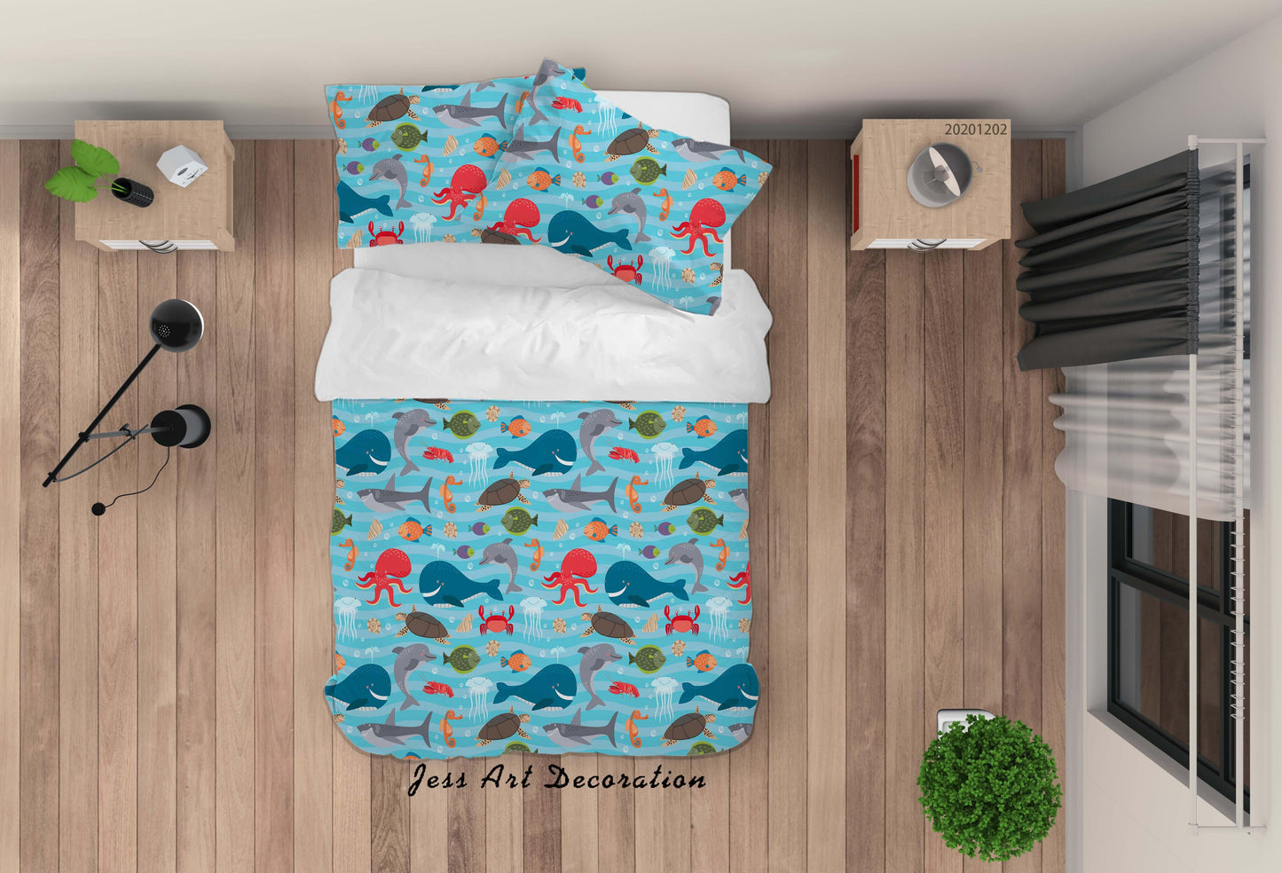 3D Cartoon Hand Drawn Colorful Ocean Shark Whale Crab Fish Quilt Cover Set Bedding Set Duvet Cover Pillowcases LXL