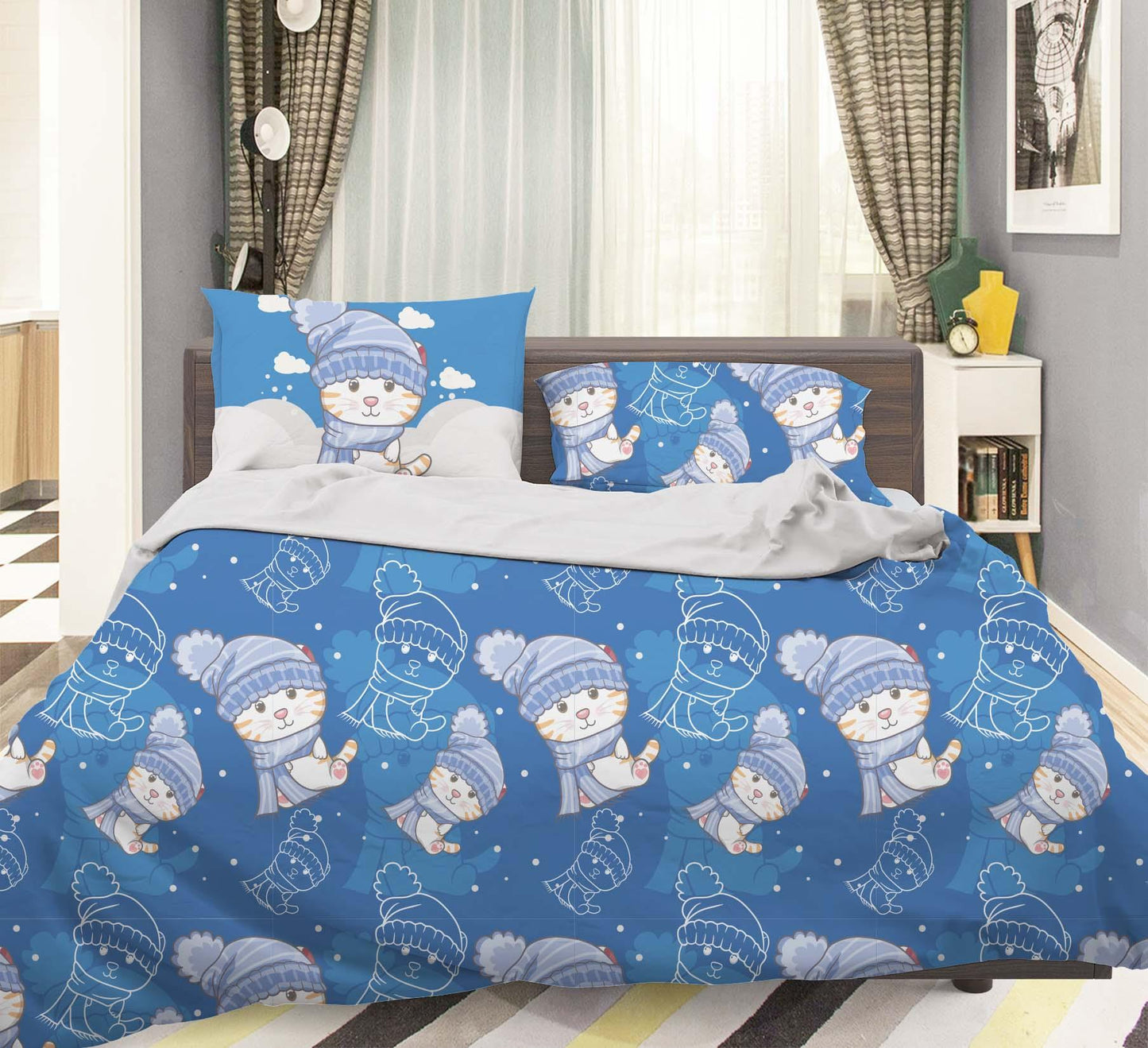 3D Blue Cat Kitty Winter Quilt Cover Set Bedding Set Pillowcases 49