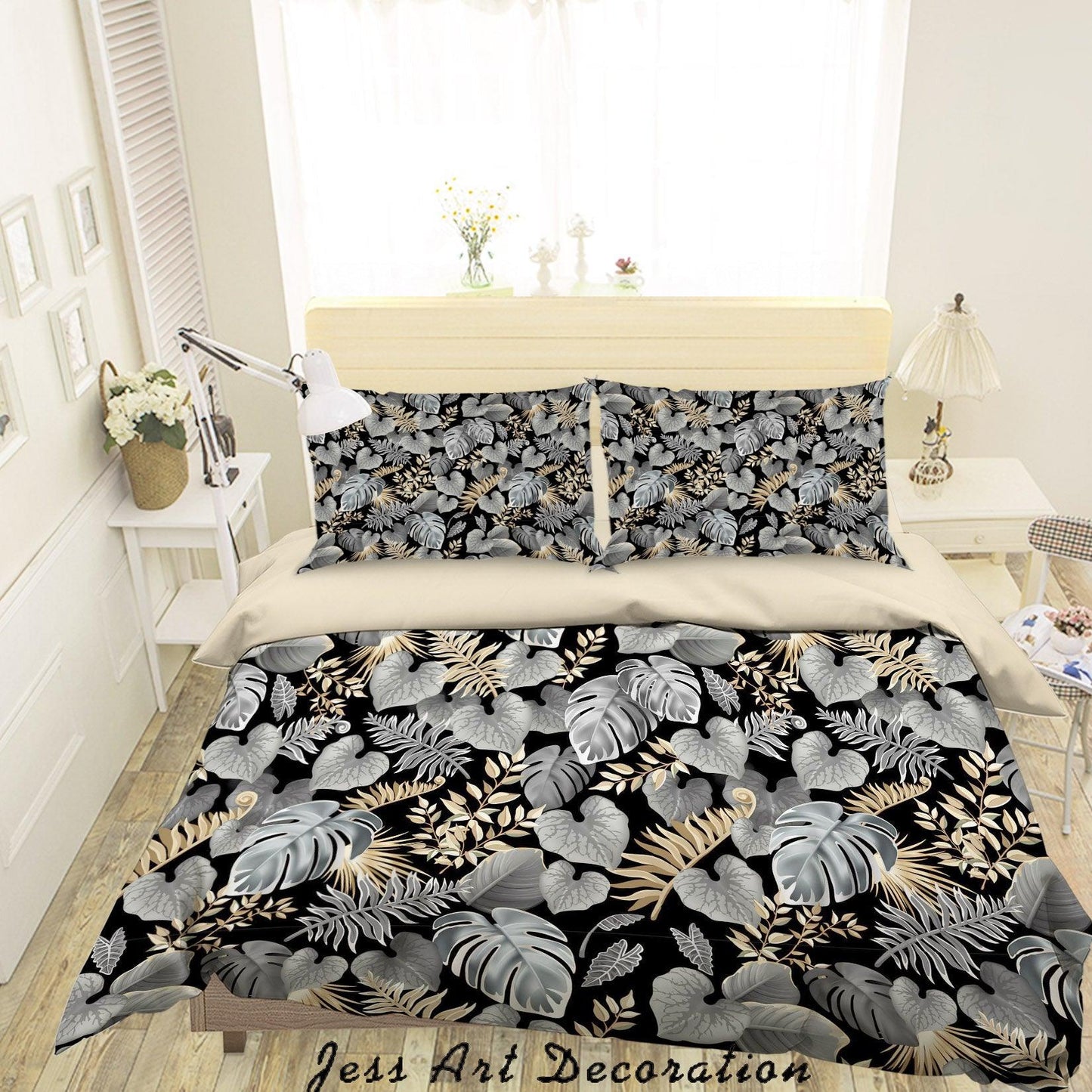 3D Black Gray Tropical Leaves Branch Quilt Cover Set Bedding Set Duvet Cover Pillowcases SF22