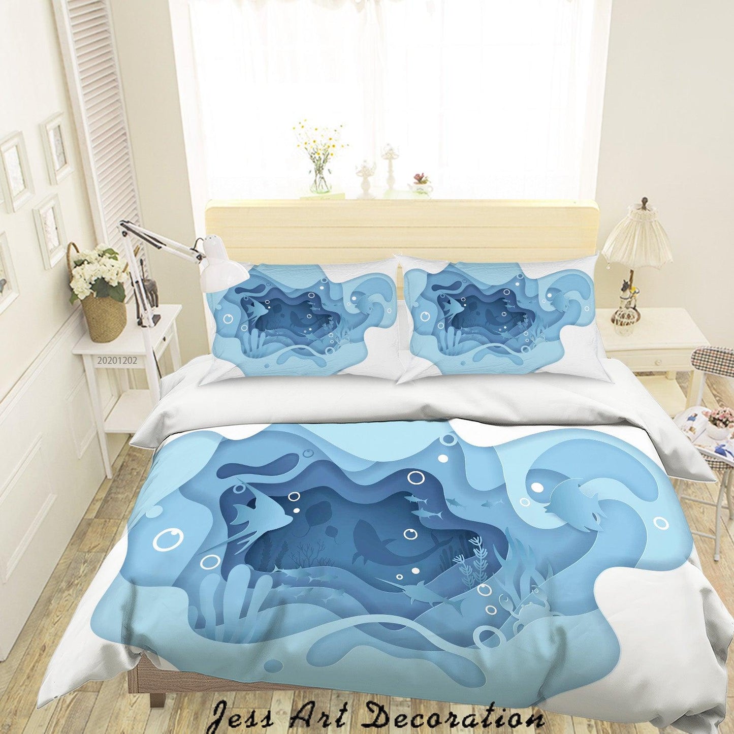 3D Abstract Hand Drawn Blue Ocean Coral Fish Bubble Quilt Cover Set Bedding Set Duvet Cover Pillowcases LXL