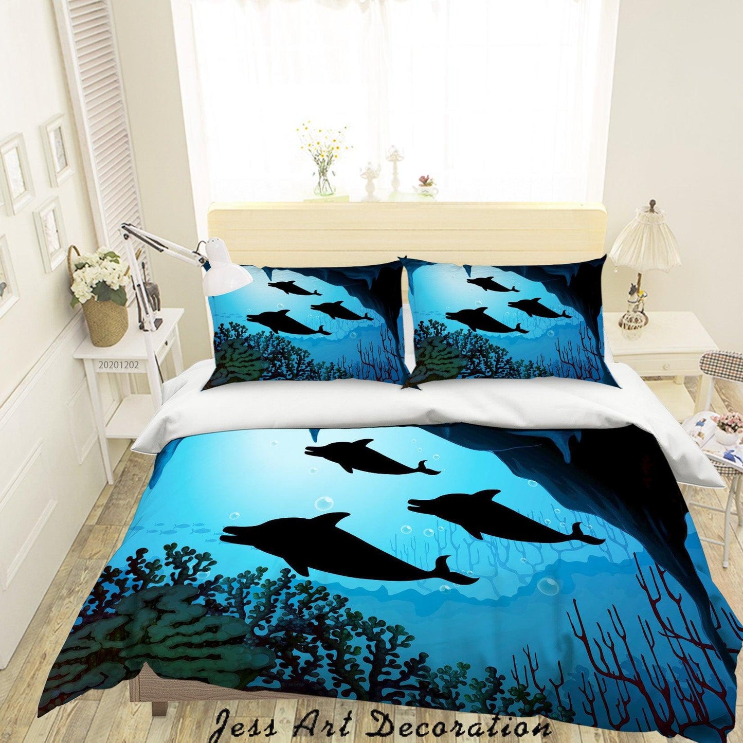 3D Cartoon Ocean Dolphin Fish Black Shadow Coral Quilt Cover Set Bedding Set Duvet Cover Pillowcases LXL