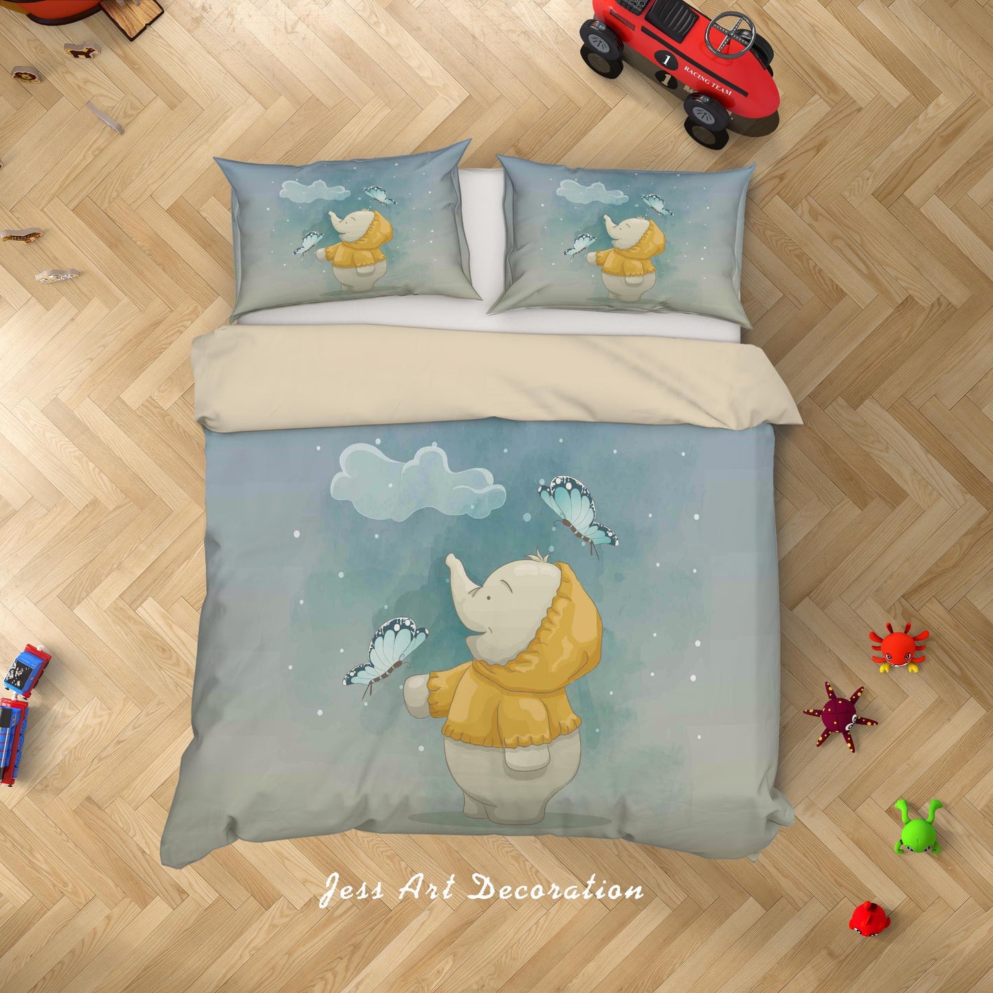 3D Blue Elephant Butterfly Quilt Cover Set Bedding Set Duvet Cover Pillowcases SF28