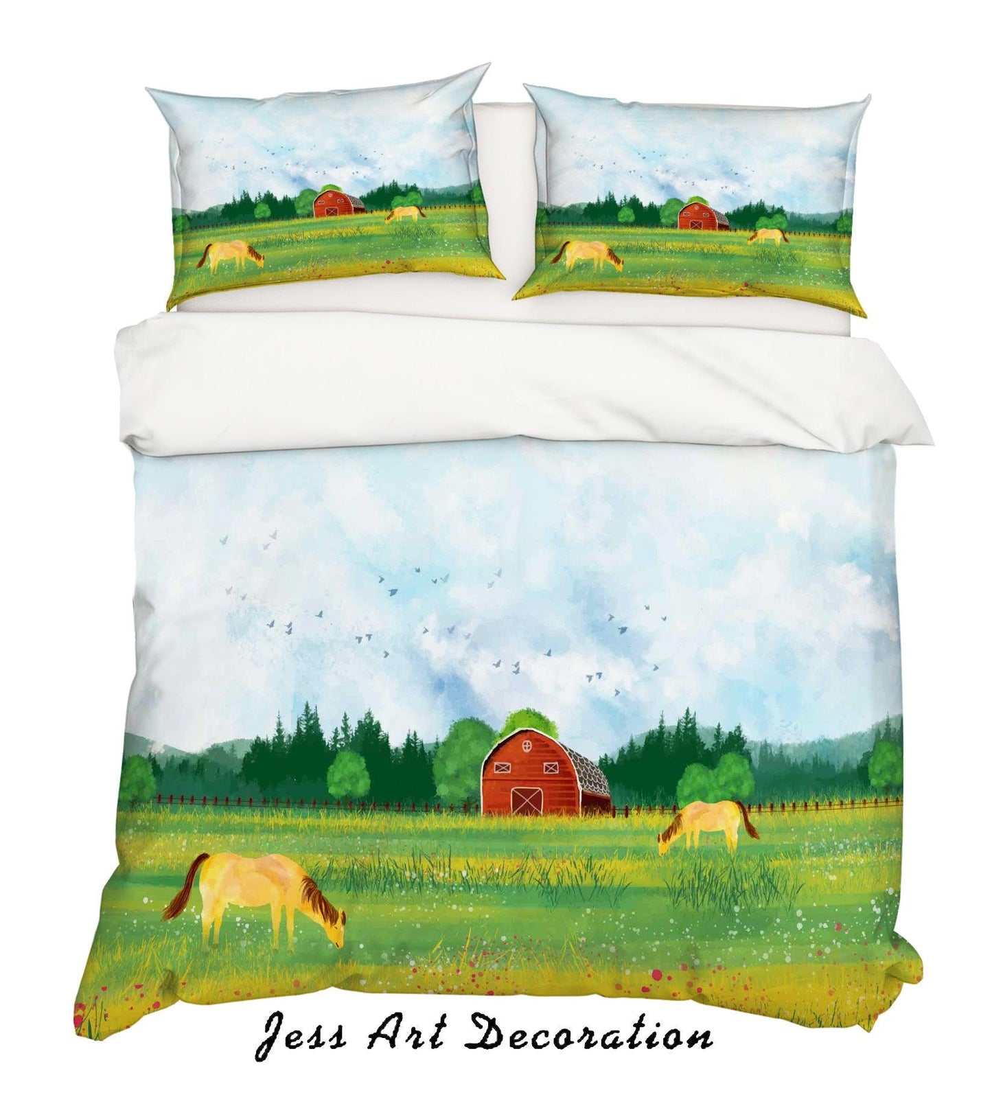 3D Cartoon Forest Trees House Grassland Horse Quilt Cover Set Bedding Set Duvet Cover Pillowcases SF113