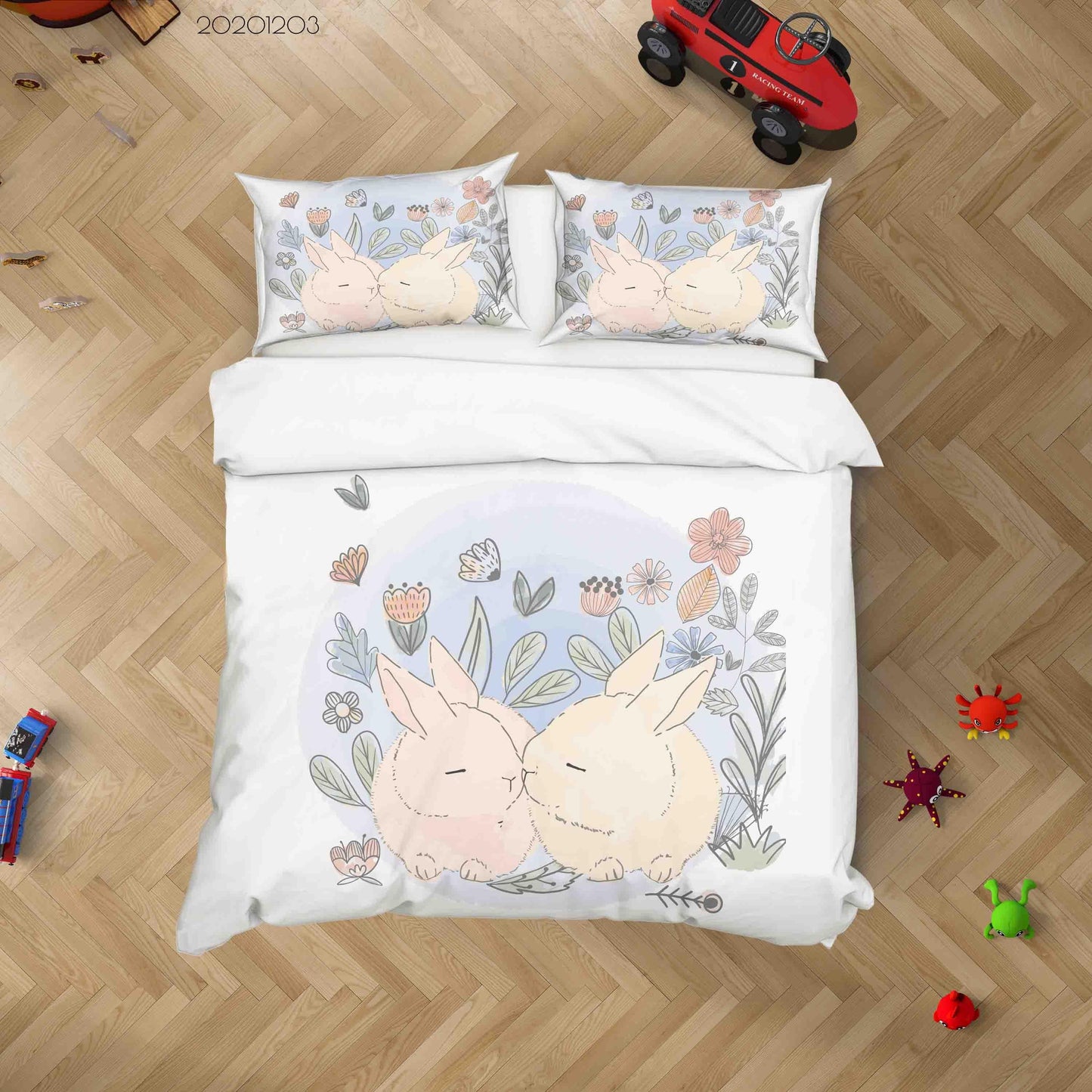 3D Cartoon Hand Drawn Floral Plant Bunny Couple Animal Quilt Cover Set Bedding Set Duvet Cover Pillowcases LXL