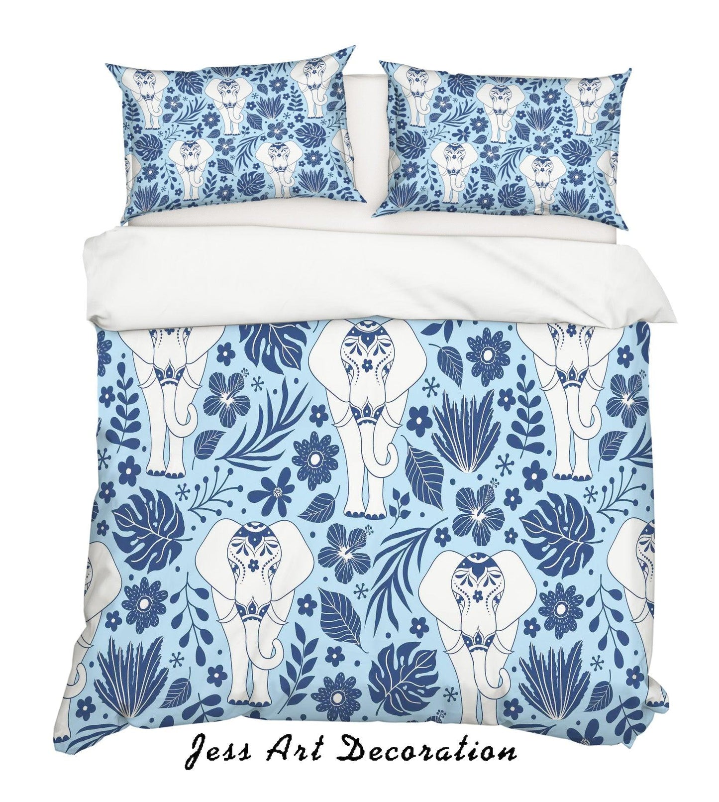3D Cartoon Elephant Blue Flower Quilt Cover Set Bedding Set Pillowcases 119