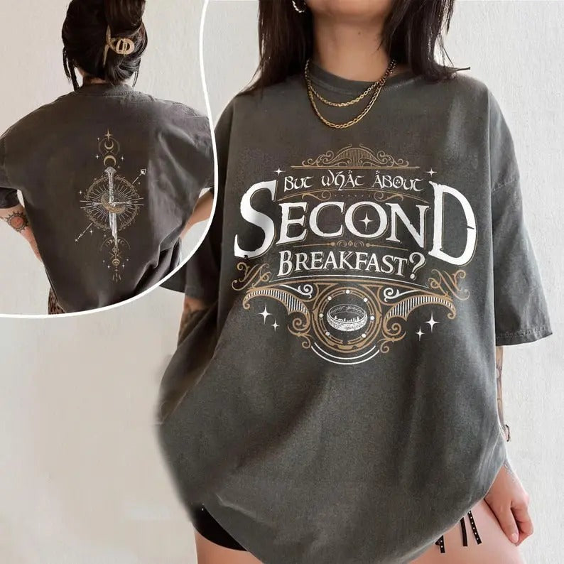 2 Slides, Funny LOTR T-Shirt For Fans, Second Breakfast Shirt, Bookworm Apparel, Cozy Fantasy Tee, Gift For Book Lover Casual Cotton