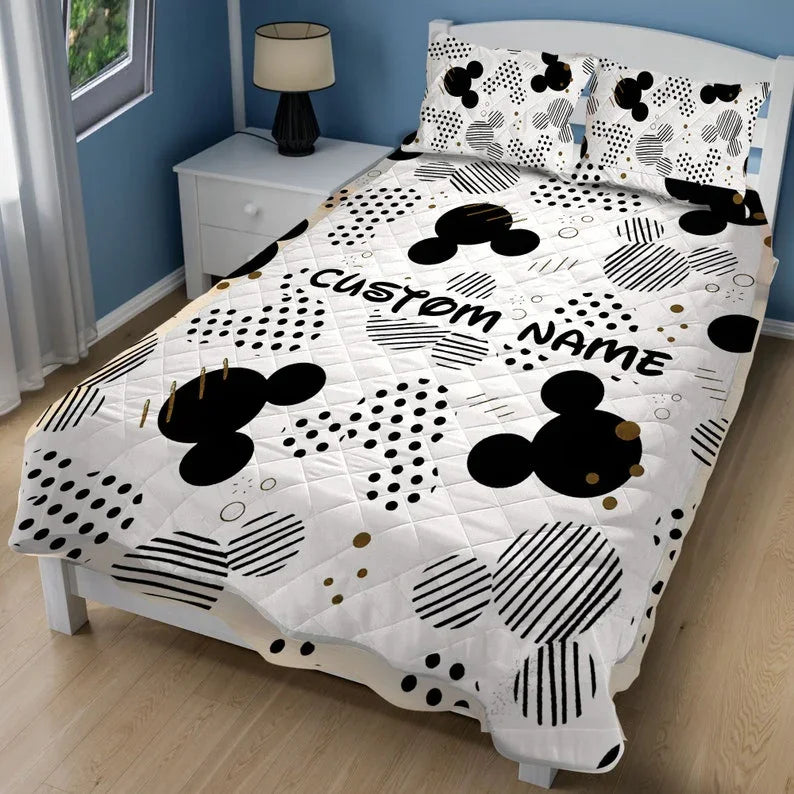 Personalized Mickey Quilt Bedding Set, Custom Name Mickey Family Quilt Blanket & Pillowcases, Christmas Gift for Boy, Girl, Kids