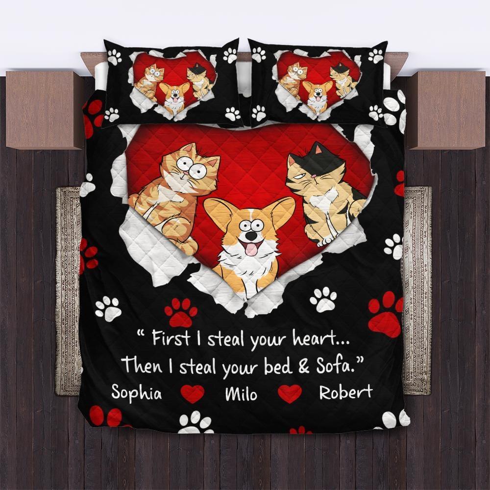 First We Steal Your Heart Personalized Quilt Bedding Set 3pcs For Dog And Cat Lovers