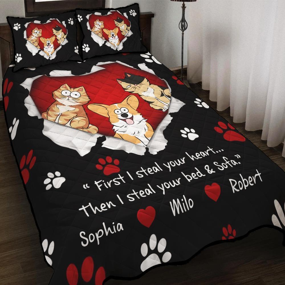 First We Steal Your Heart Personalized Quilt Bedding Set 3pcs For Dog And Cat Lovers