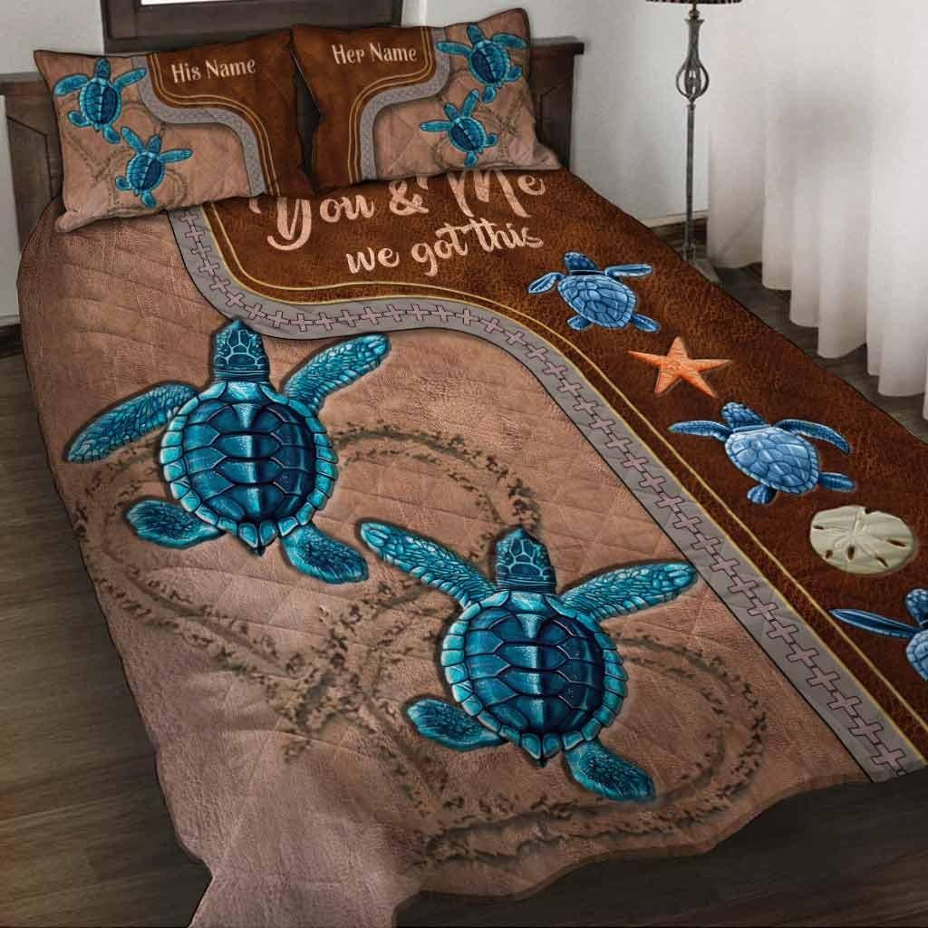Custom You And Me - Personalized Turtle 3-Piece Quilt Bedding Set With Leather Pattern Print