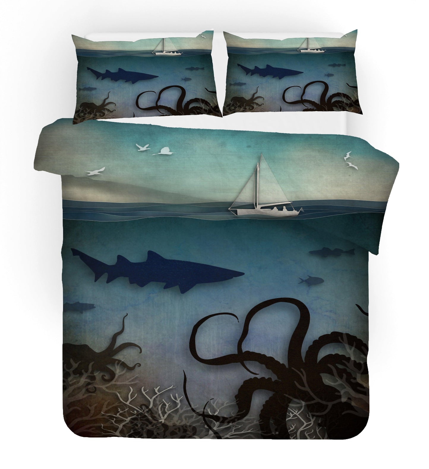 3D Blue Shark Octopus Sailboat Ocean Quilt Cover Set Bedding Set Pillowcases 132