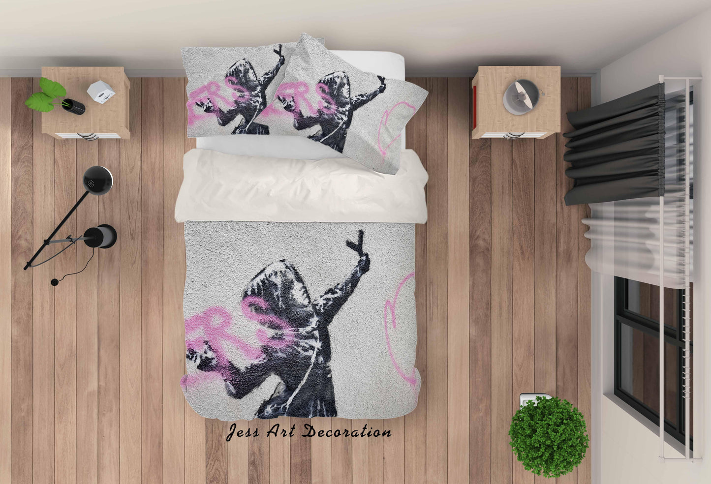 3D Banksy Mural Girl Pink Letter Quilt Cover Set Bedding Set Duvet Cover Pillowcases ZY D84