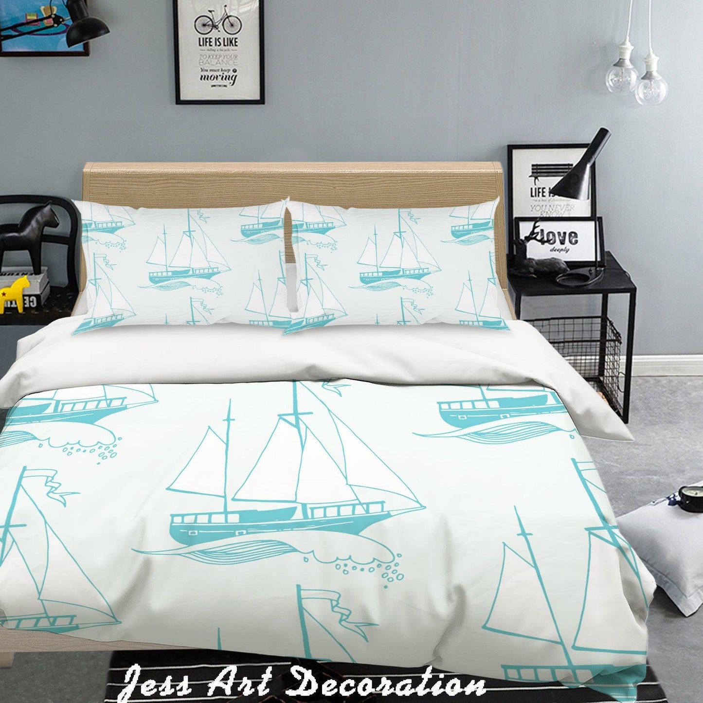 3D Blue Simple Line Drawing Boats Quilt Cover Set Bedding Set Pillowcases 249