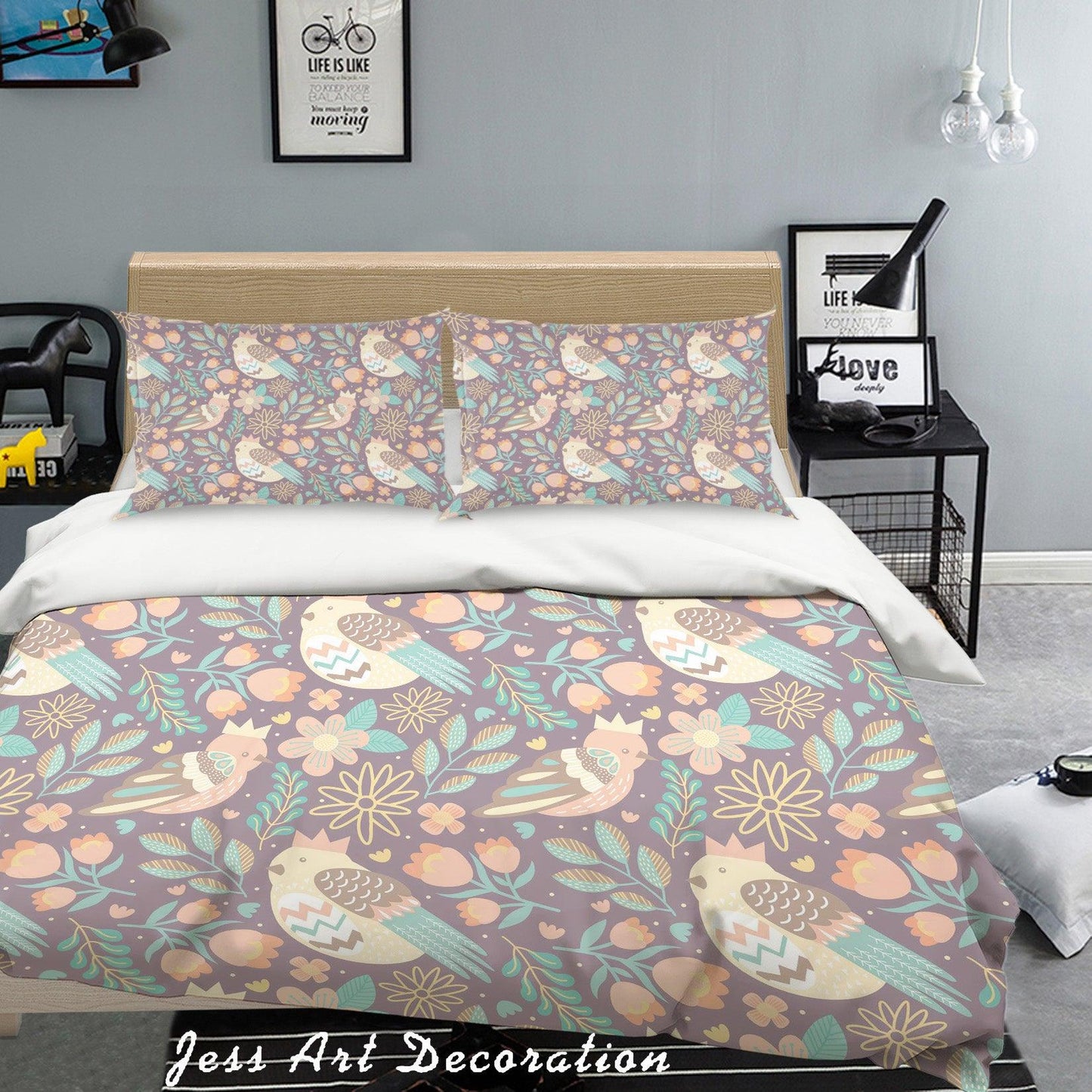 3D Cartoon Bird Flower Quilt Cover Set Bedding Set Pillowcases 3