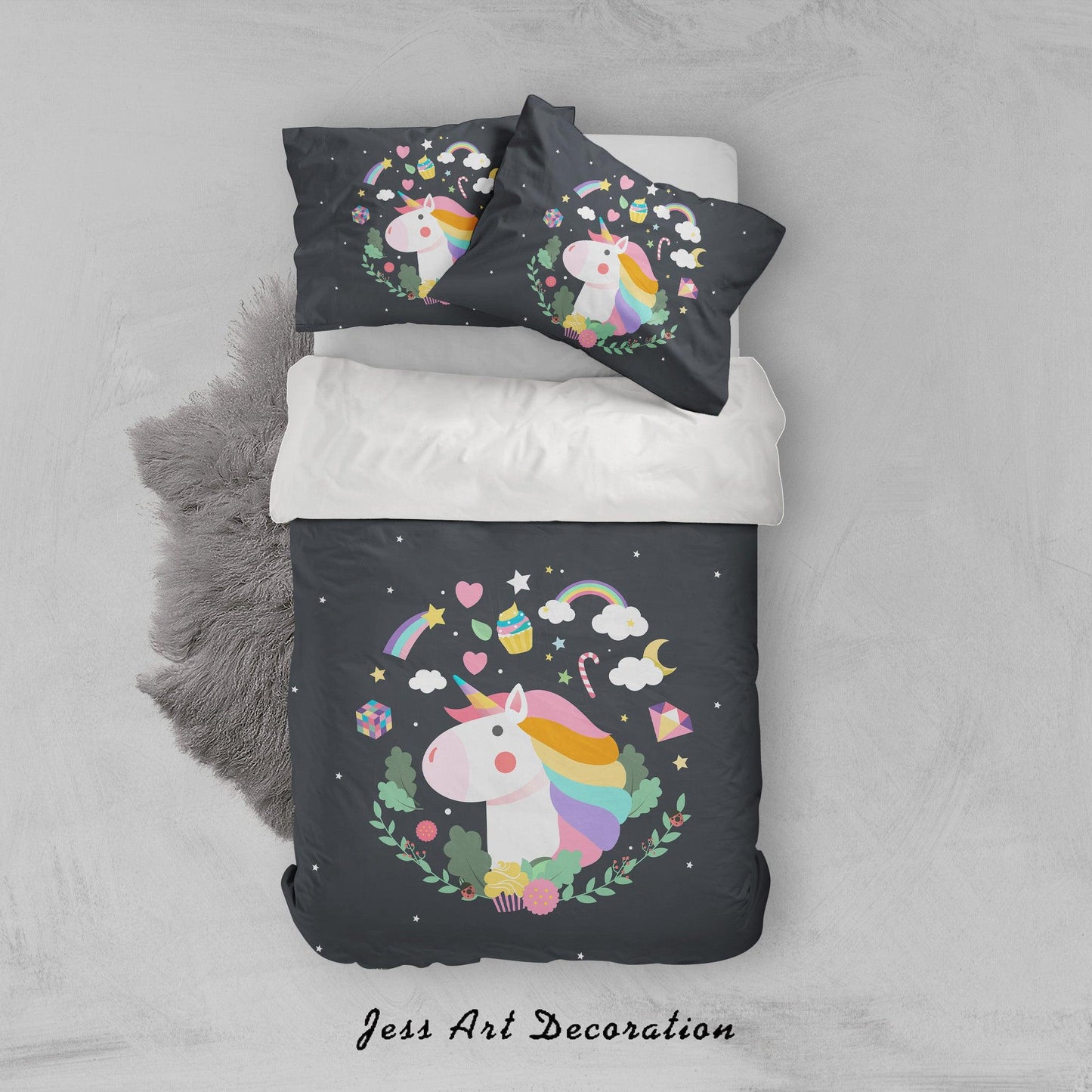 3D Black Unicorn Rainbow Star Floral Quilt Cover Set Bedding Set Pillowcases 81