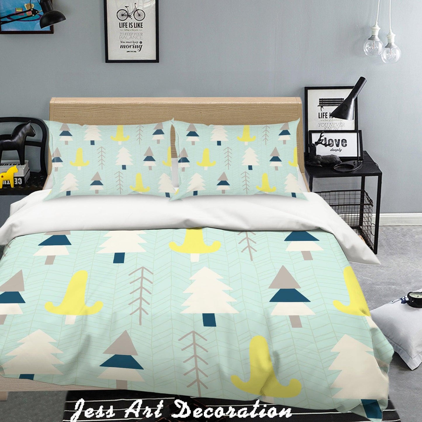 3D Cartoon Pine Pattern Green Background Quilt Cover Set Bedding Set Pillowcases 118