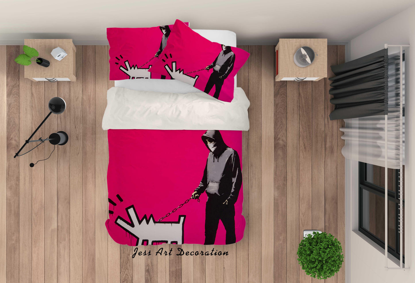 3D Banksy Figure Abstract Dog Pink Background Quilt Cover Set Bedding Set Pillowcasesn ZY D12