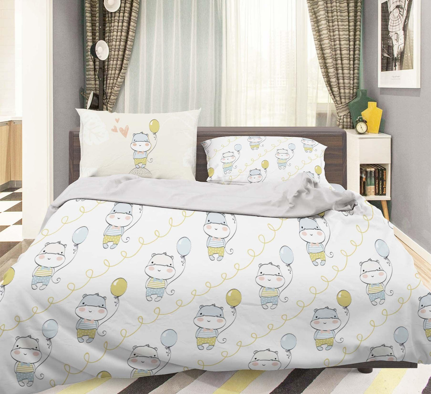 3D Cartoon Balloon Hippo Animal Quilt Cover Set Bedding Set Duvet Cover Pillowcases LXL