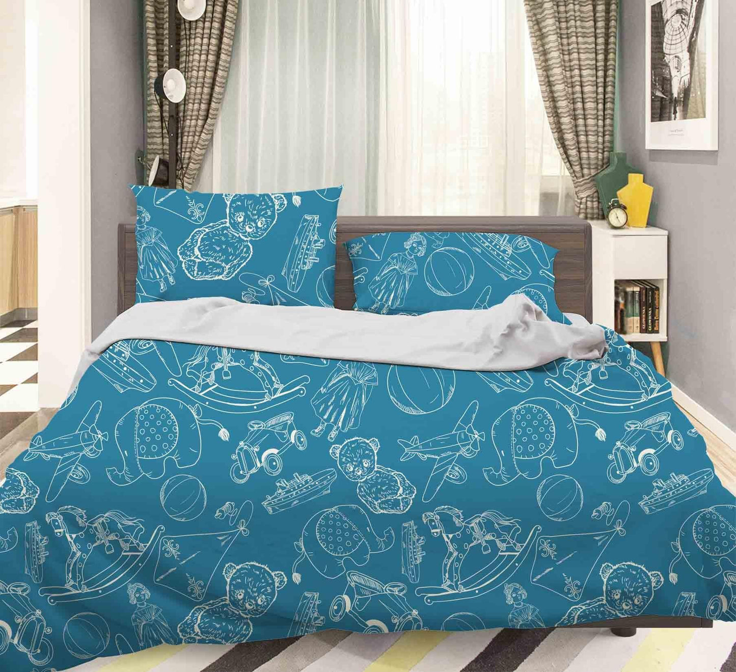 3D Blue Cartoon Bear Elephant Aircraft Trojan Quilt Cover Set Bedding Set Pillowcases 43