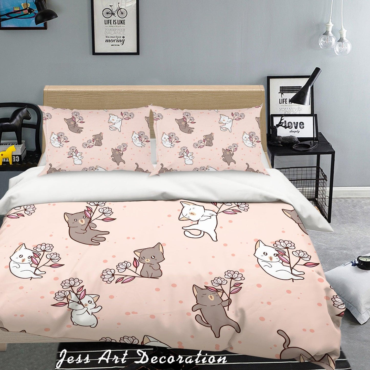 3D Cartoon Cat Pink Quilt Cover Set Bedding Set Pillowcases 66