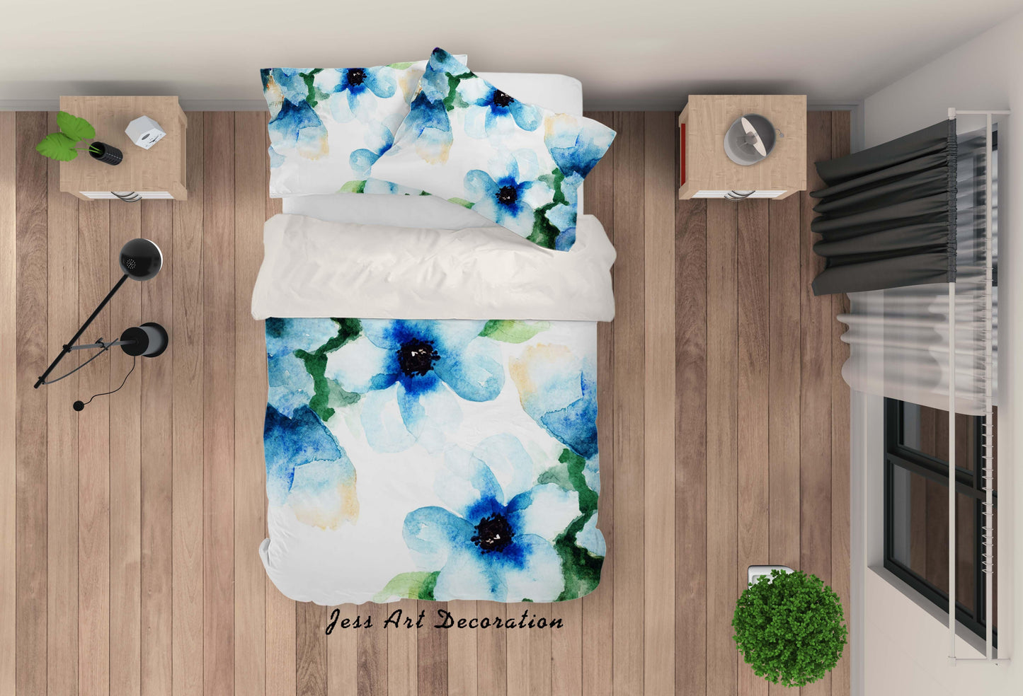 3D Blue Watercolor Floral Quilt Cover Set Bedding Set Pillowcases 19