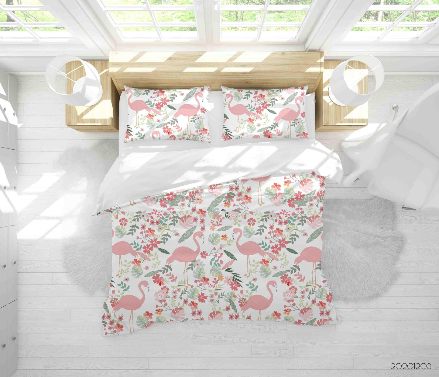 3D Cartoon Hand Drawn Pink Flamingo Animal Floral Leaves Plant Quilt Cover Set Bedding Set Duvet Cover Pillowcases LXL