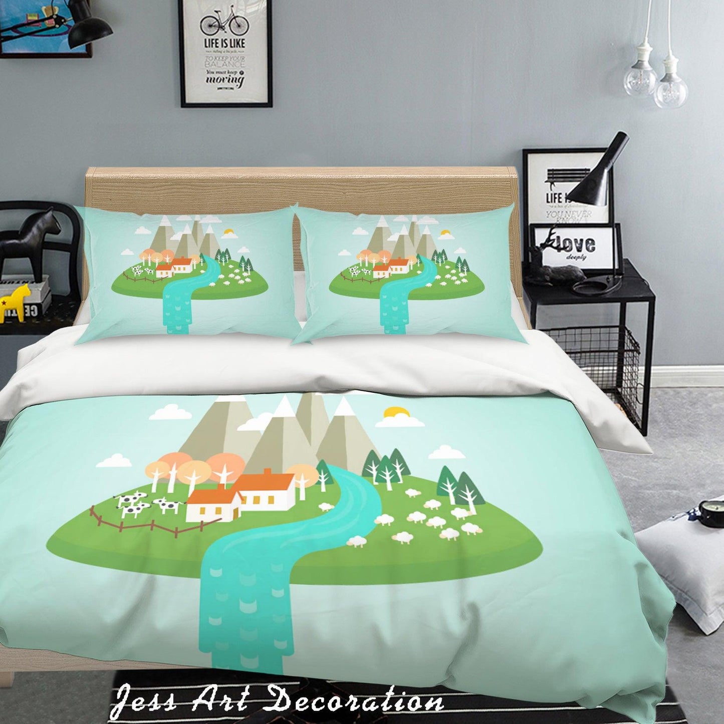 3D Blue Mountains Trees Grassland Cattle Sheep House River Quilt Cover Set Bedding Set Pillowcases 68