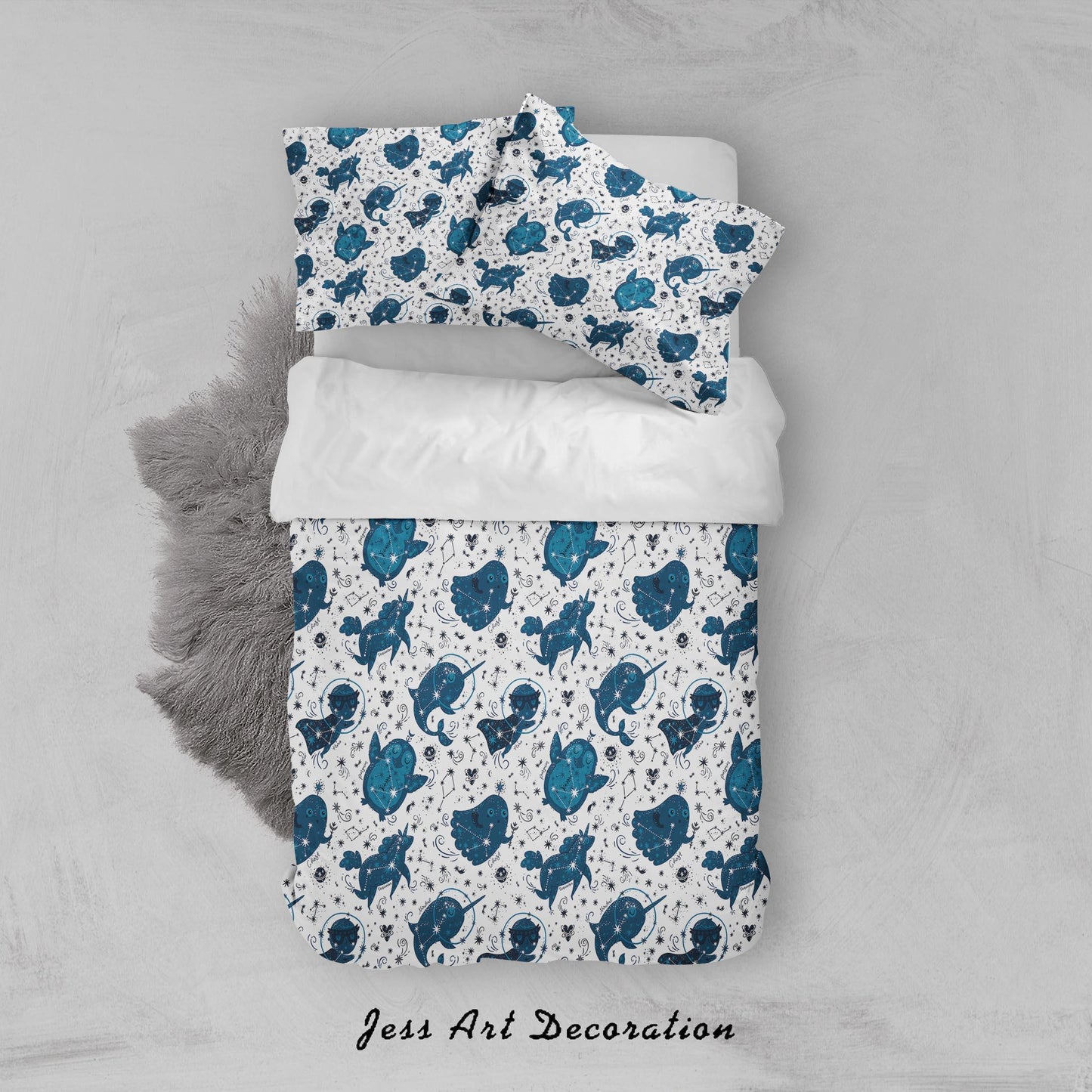 3D Blue Cartoon Unicorn Penguin Whale Animal Star Space Quilt Cover Set Bedding Set Duvet Cover Pillowcases SF03