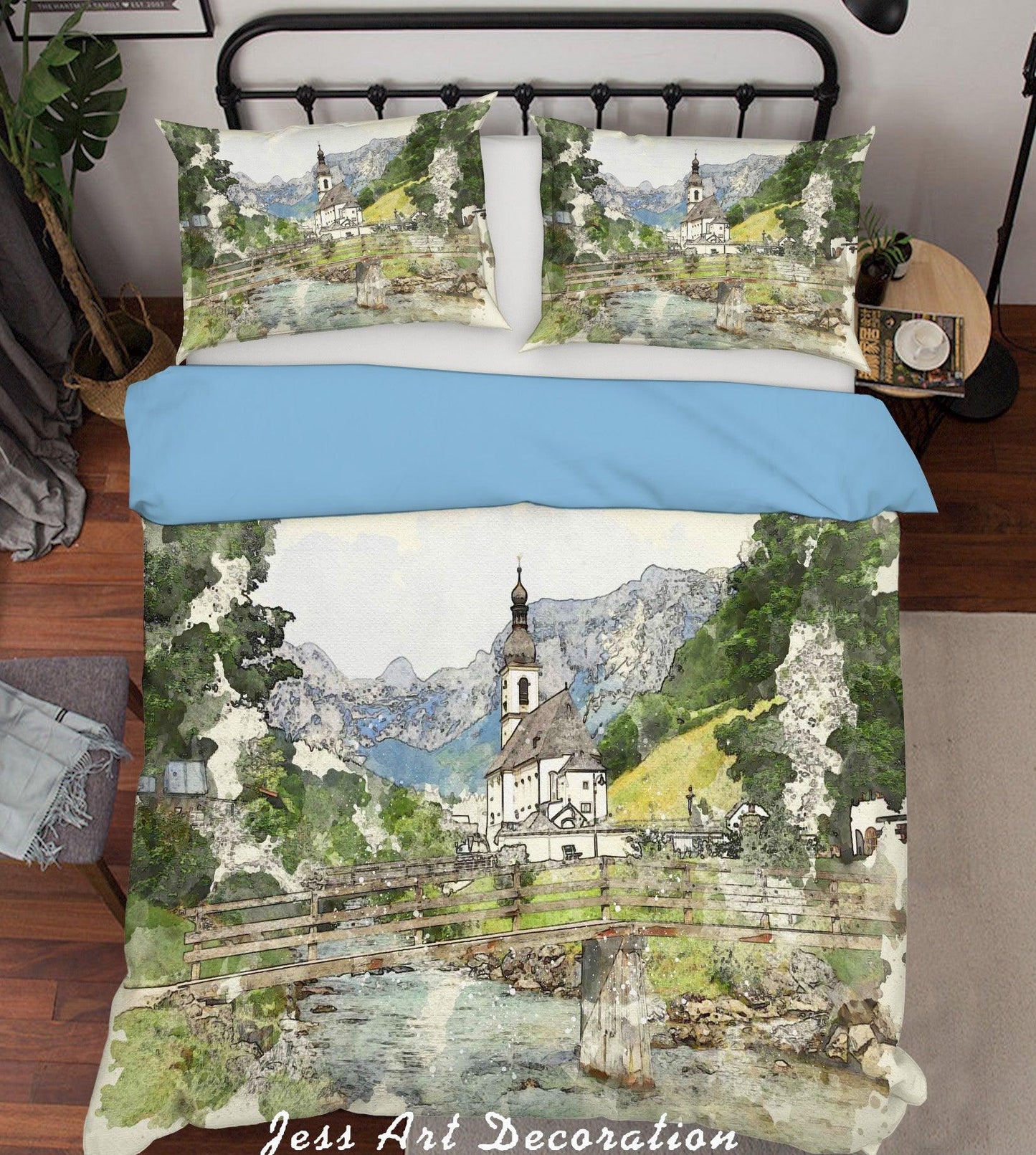 3D Church Scenery Watercolor Quilt Cover Set Bedding Set Pillowcases 100
