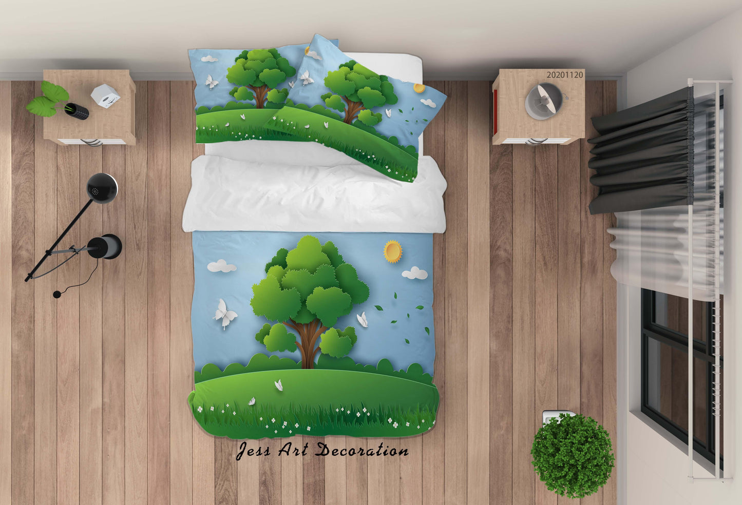 3D Cartoon Blue Sky Green Tree Plant Butterfly Quilt Cover Set Bedding Set Duvet Cover Pillowcases LXL