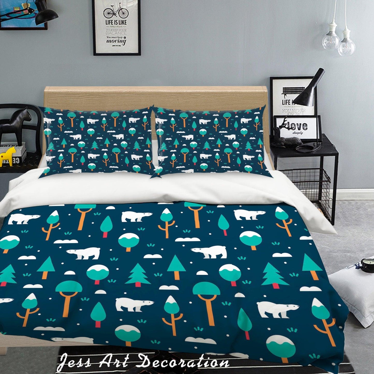 3D Blue Green Polar Bear Trees Quilt Cover Set Bedding Set Pillowcases 60