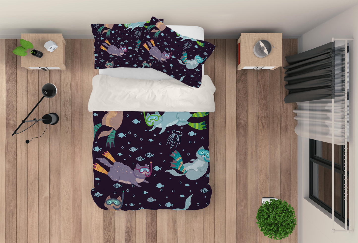 3D Cartoon Diving Cat Fish Quilt Cover Set Bedding Set Pillowcases 32