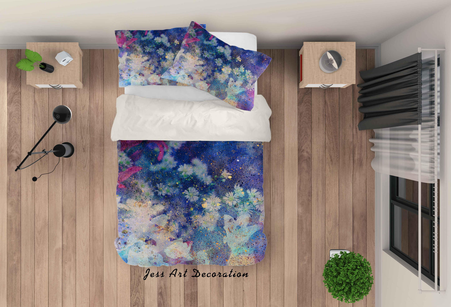 3D Blue Watercolor Floral Quilt Cover Set Bedding Set Pillowcases 55