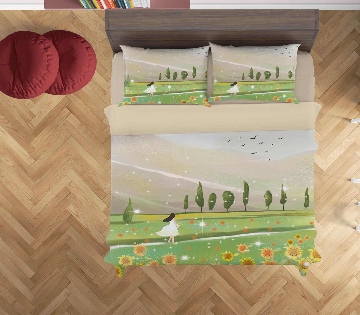3D Cartoon Girl Lawn Sunflower Quilt Cover Set Bedding Set Duvet Cover Pillowcases A555 LQH