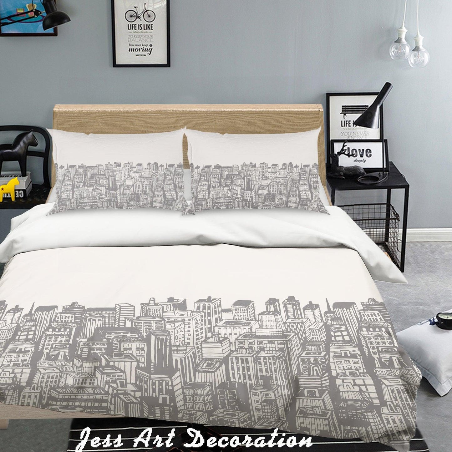 3D Black White City Building Simple Line Drawing Quilt Cover Set Bedding Set Pillowcases 166