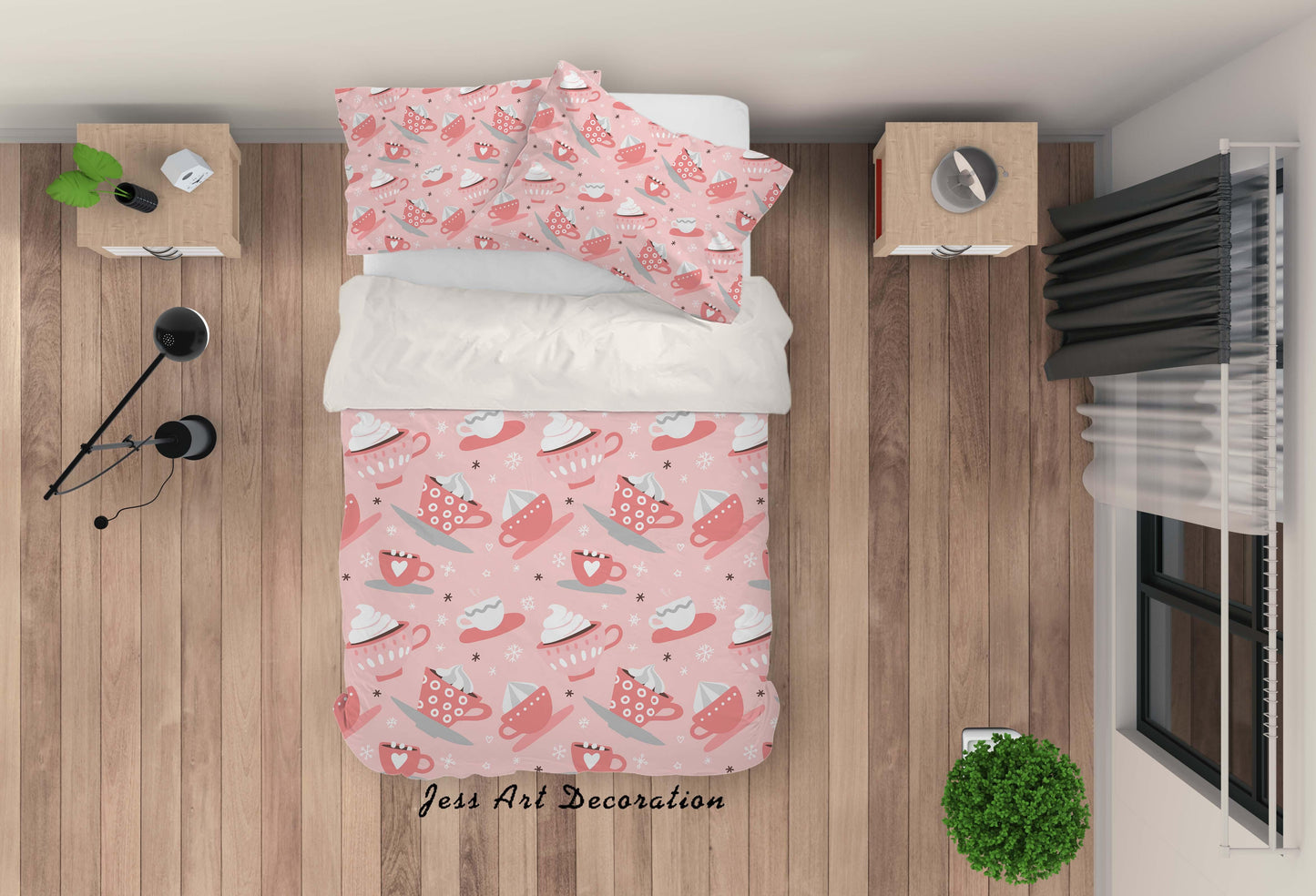 3D Cartoon Pink Tea Cup Quilt Cover Set Bedding Set Pillowcases 20