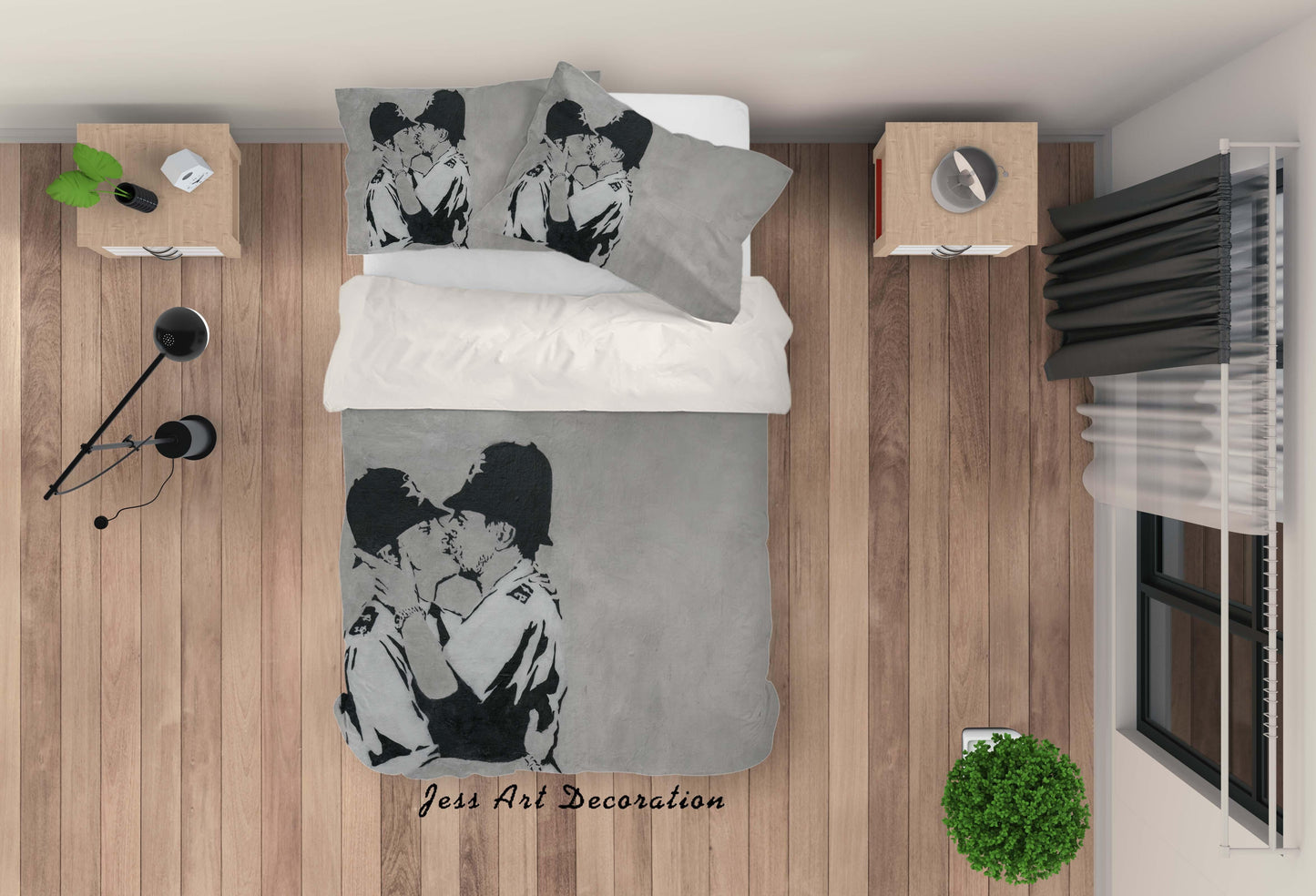 3D Banksy Kissing coppers Black White Quilt Cover Set Bedding Set Duvet Cover Pillowcases ZY D35