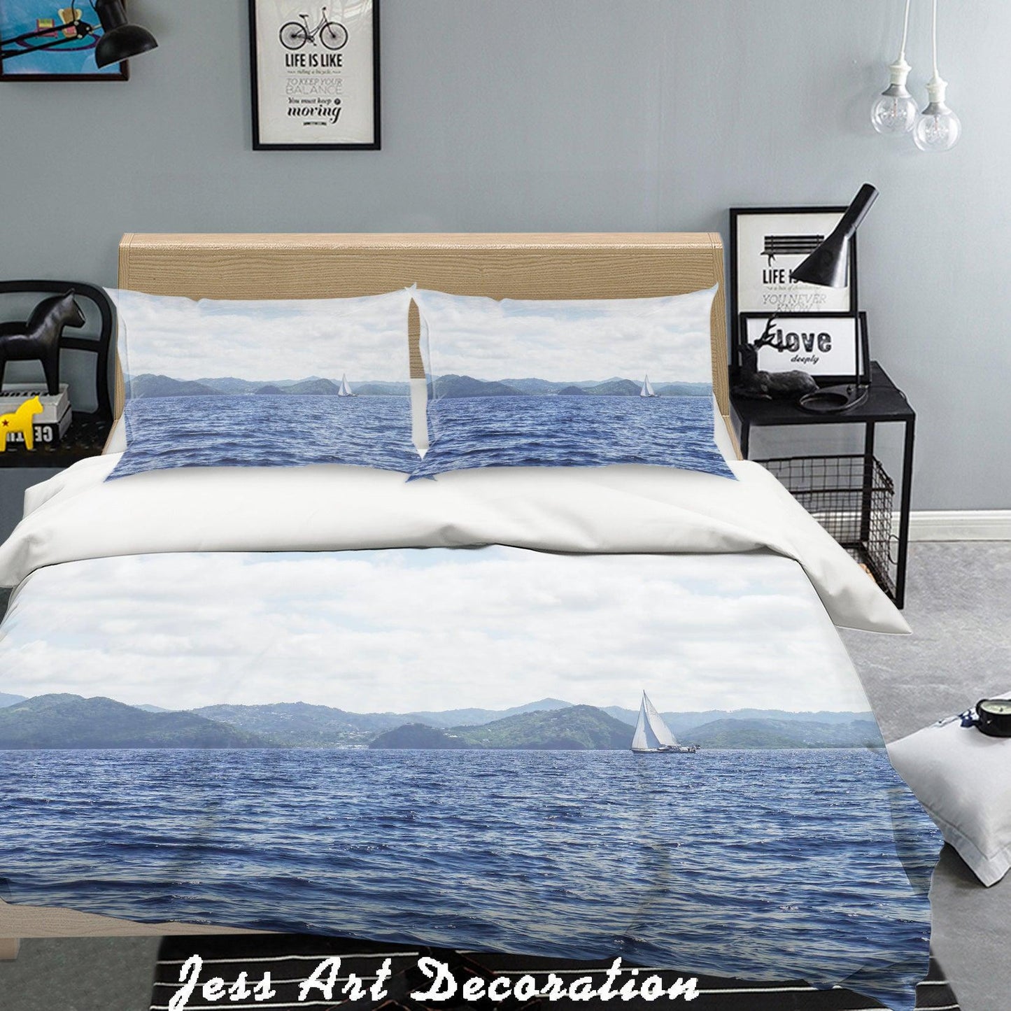 3D Blue Sea Sailboat Seaside Mountain Quilt Cover Set Bedding Set Pillowcases 70