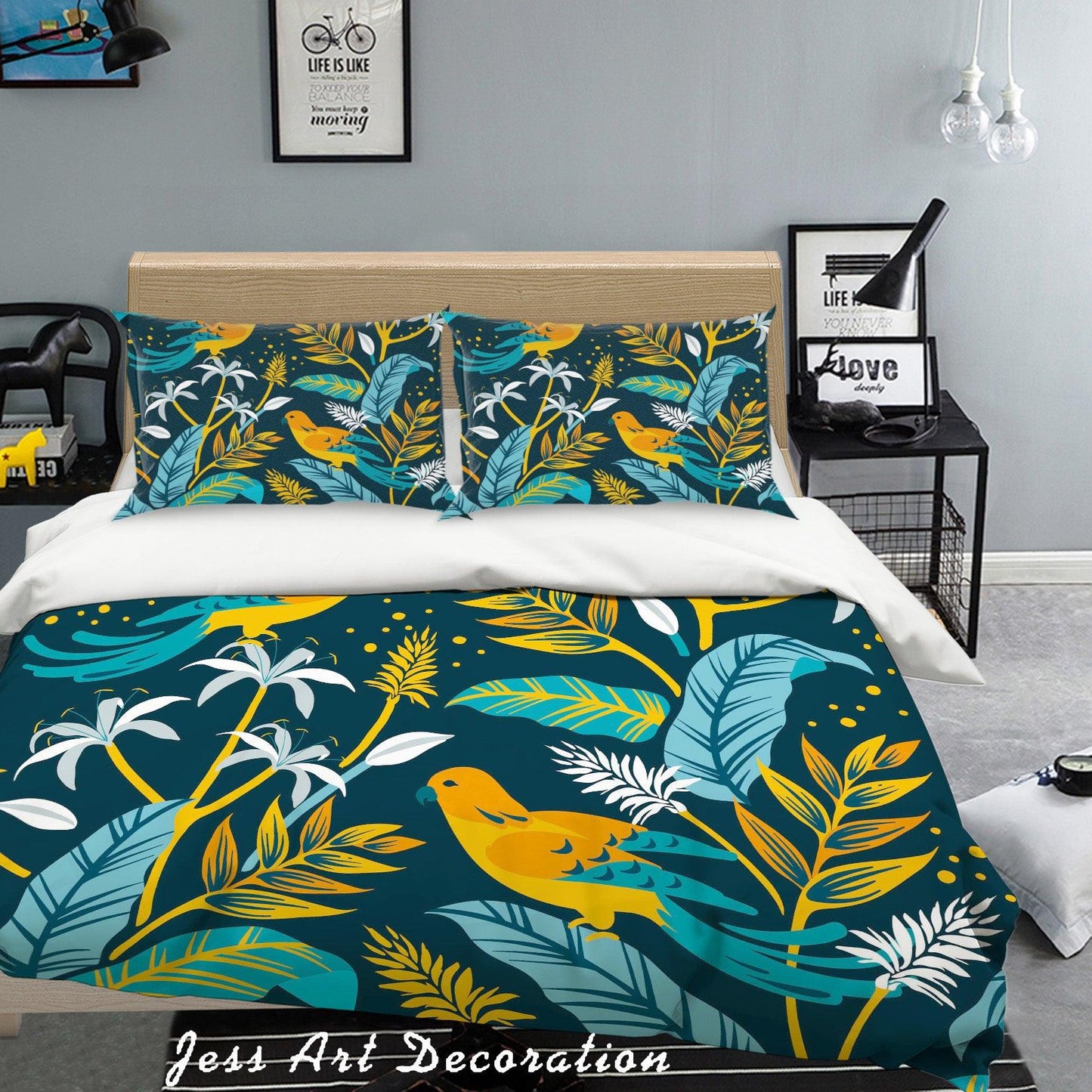 3D Blue Leaf Bird Quilt Cover Set Bedding Set Pillowcases 49