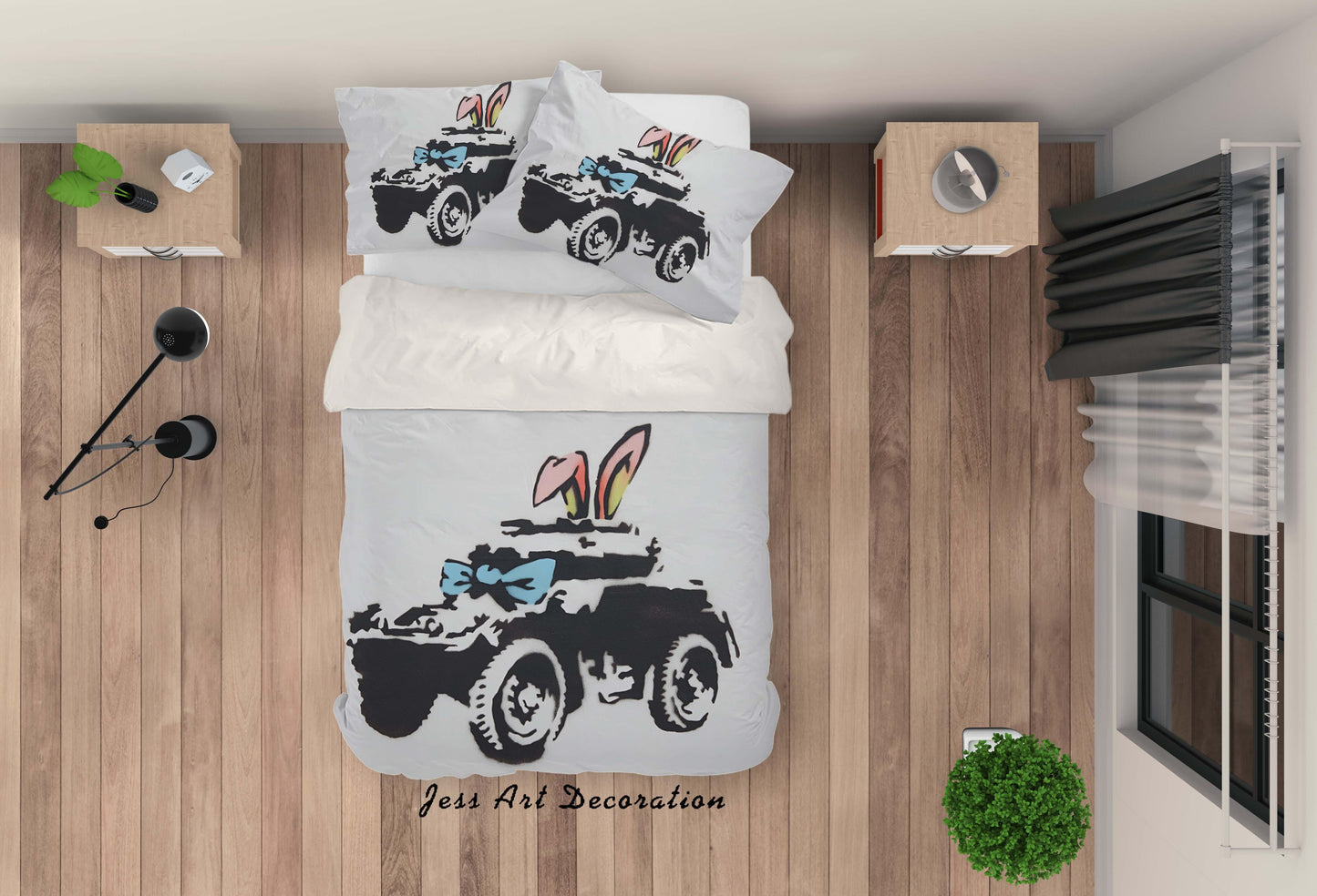 3D Banksy Armoured Car Pink Rabbit Ear Quilt Cover Set Bedding Set Pillowcasesn ZY D2