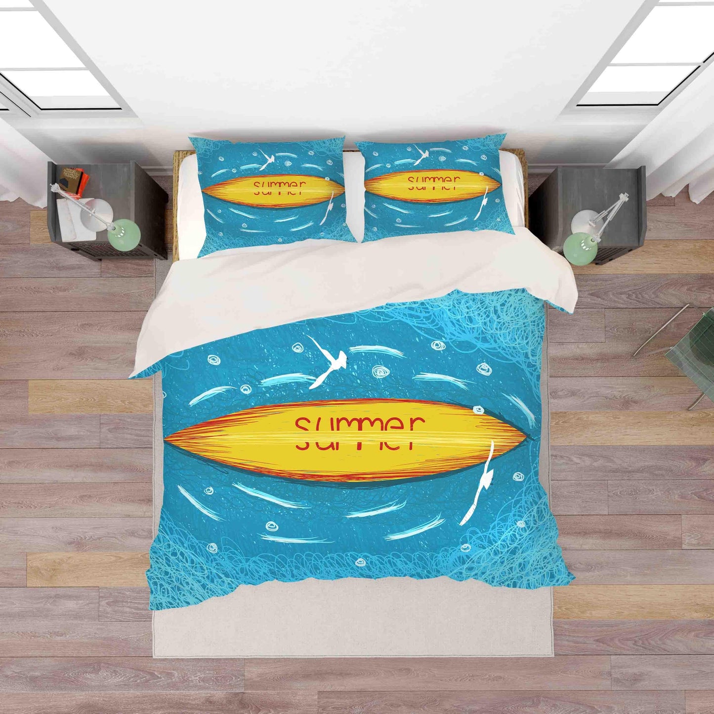 3D Blue Boat Summer Seagull Quilt Cover Set Bedding Set Pillowcases 145