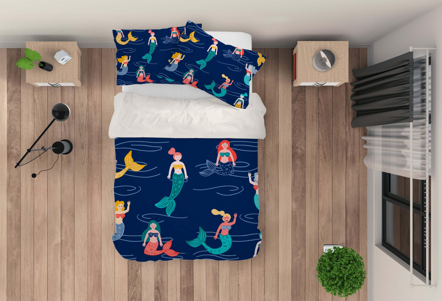 3D Cartoon Mermaid Dark Blue Quilt Cover Set Bedding Set Pillowcases 56