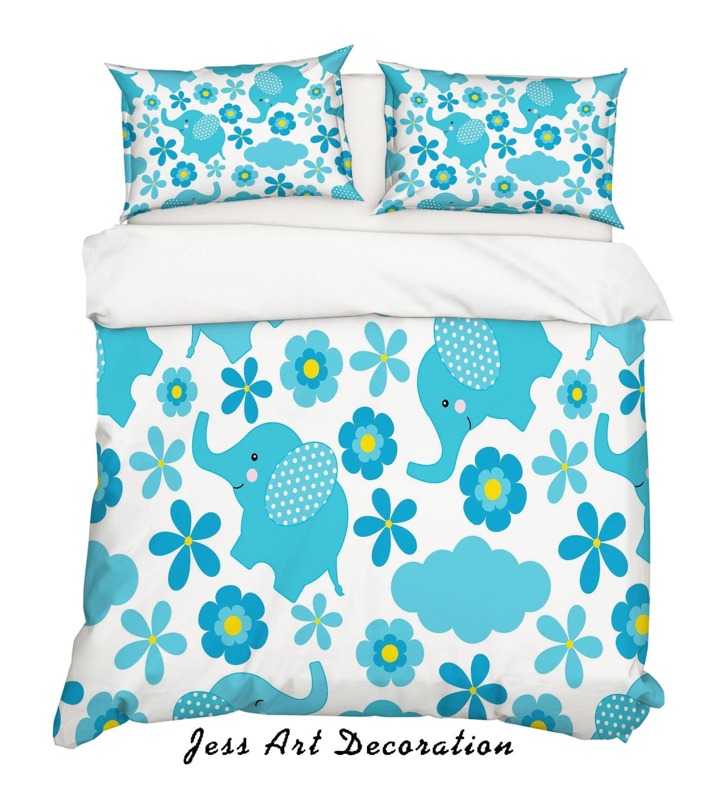 3D Cartoon Blue Elephant Flower Quilt Cover Set Bedding Set Pillowcases 141