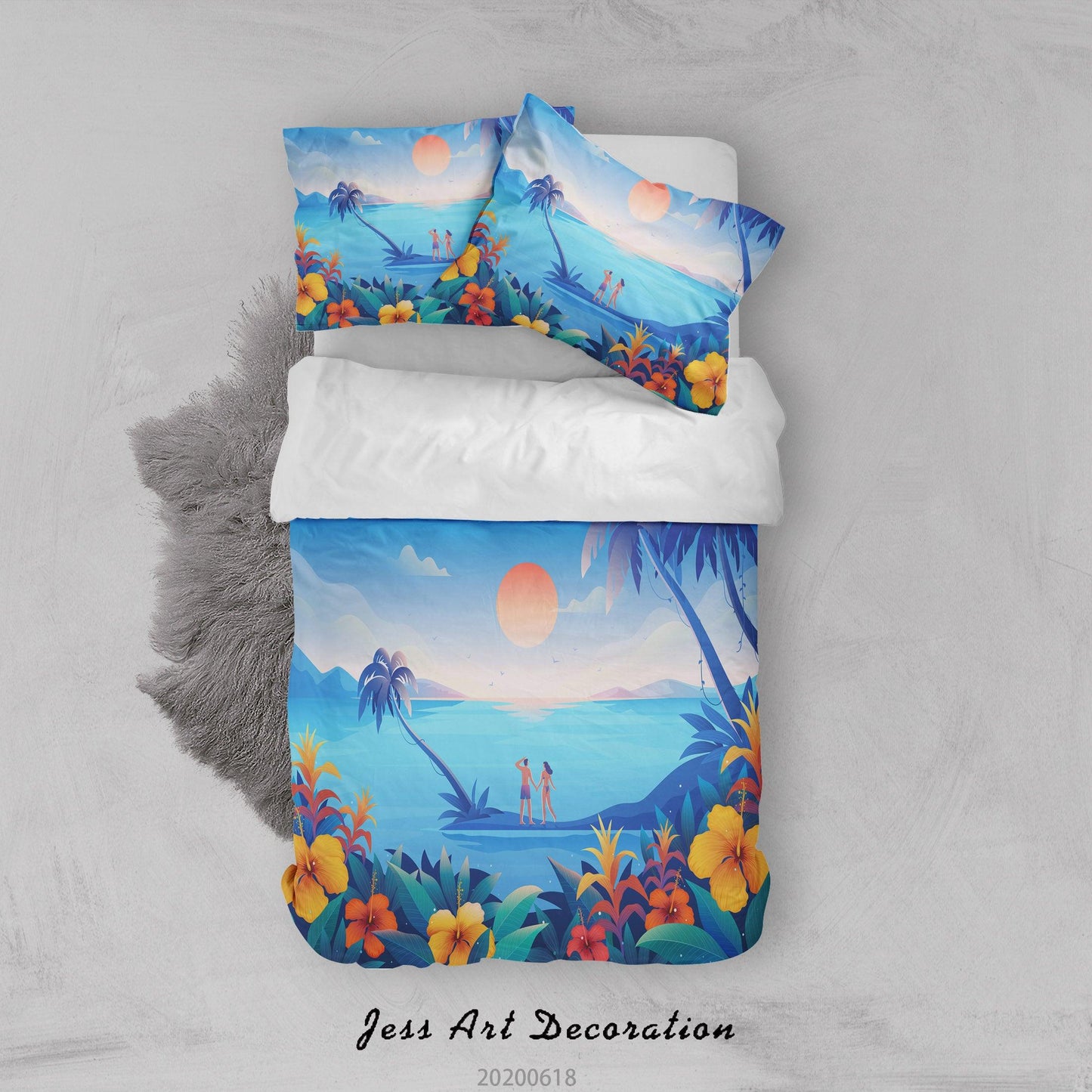 3D Blue Sea Floral Coconut Tree Quilt Cover Set Bedding Set Duvet Cover Pillowcases SF52