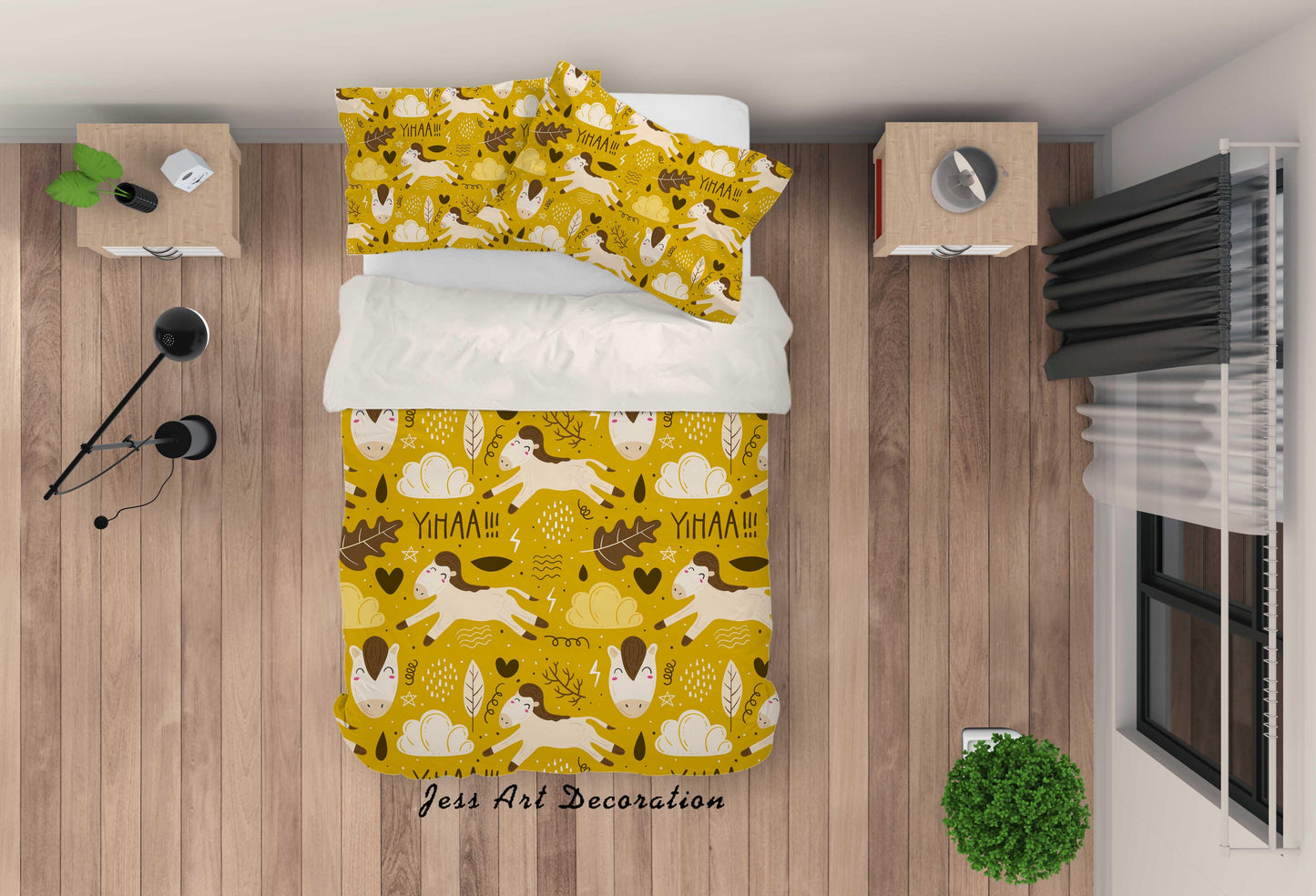 3D Cartoon Horse Yellow Quilt Cover Set Bedding Set Pillowcases 55