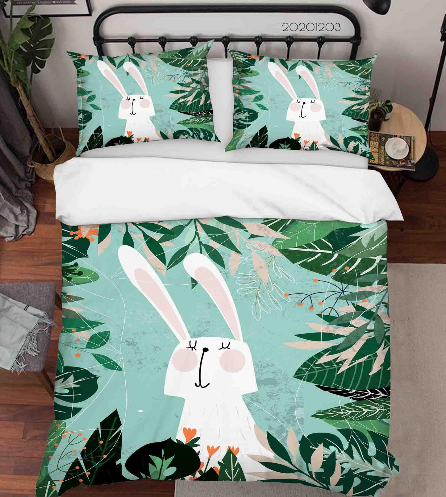 3D Cartoon Hand Drawn Green Leaves Plant Bunny Animal Quilt Cover Set Bedding Set Duvet Cover Pillowcases LXL